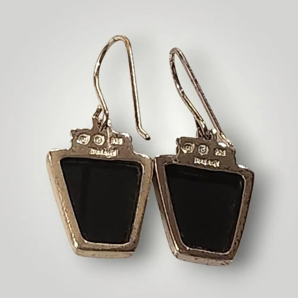 Vintage SU 925‎ Sterling Silver Onyx Inlay Dangle Pierced Hook Earrings 6g